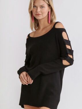 Umgee Black Cold-Shoulder Ladder Sleeve Knit Top